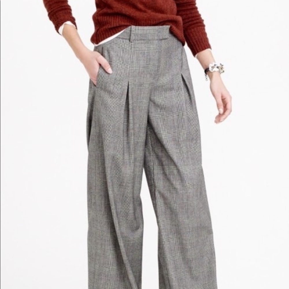 J Crew wool blend glen plaid black grey wide leg pleated front pants 00P